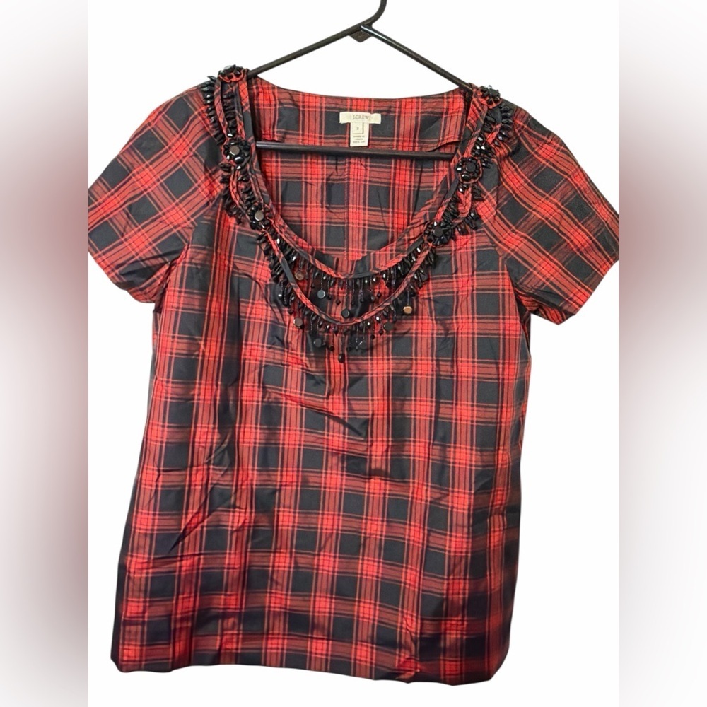 J.CREW Plaid Eliza Tee Blouse Shirt Silk Red Black Necklace Top Sz 2